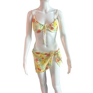 Montce Yellow Floral Tie-Front Bikini Top with Matching Sarong and bottoms